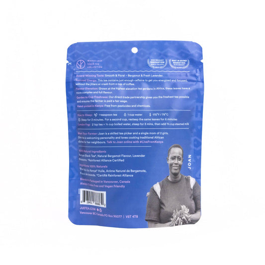 Blue tea package with a picture of a Kenyan tea farmer on a white background
