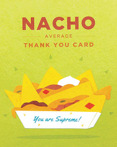 Card with nachos and text on a green background