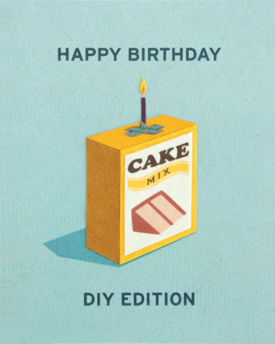 A birthday card with an illustration of a yellow cake mix box with a candle on top, and the text 'Happy Birthday DIY Edition'.