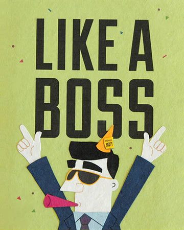 A cartoon illustration of a character with raised hands and a 'LIKE A BOSS' text above in bold letters.