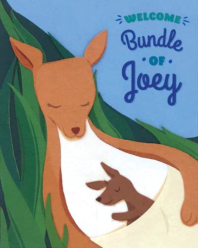 Illustration of a kangaroo with a baby kangaroo in its pouch, set against a blue sky with green leaves.