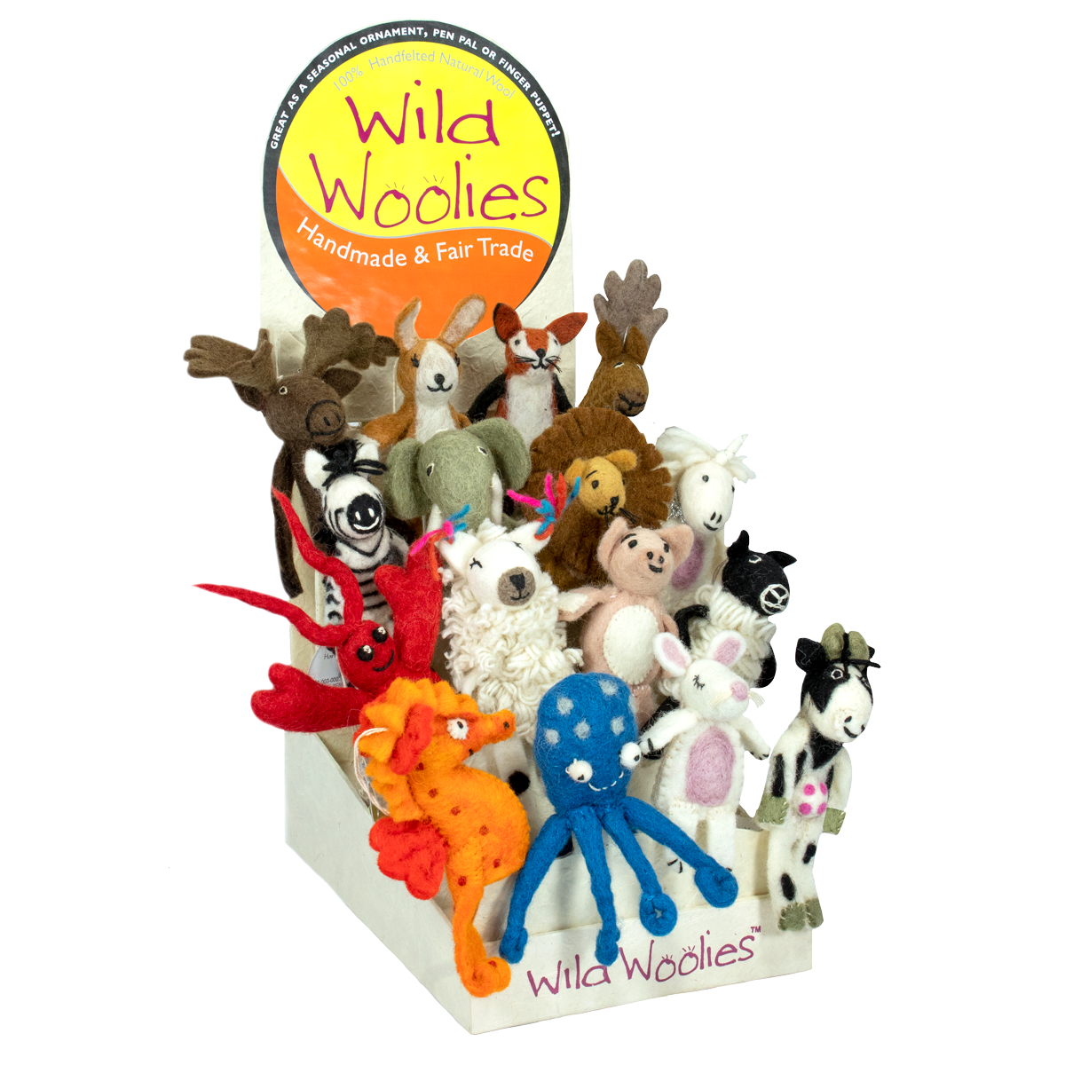 Display of various plush animals with 'Wild Woolies' branding on a white background