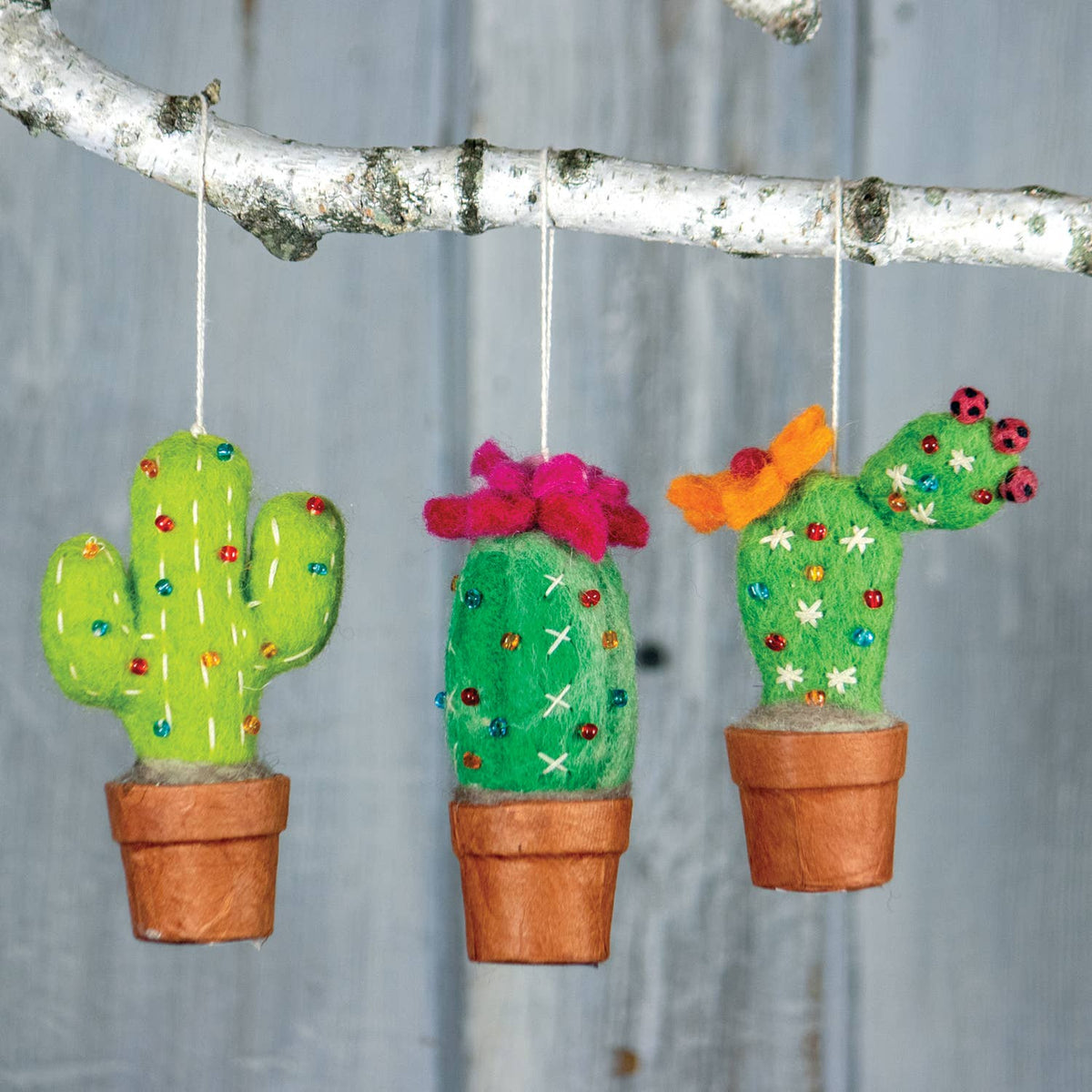 Three green felt cactus ornaments hanging from a white birch branch against a gray wooden background. Each cactus is decorated with colorful sequins, embroidered details, and small flowers, and is set in a brown pot.