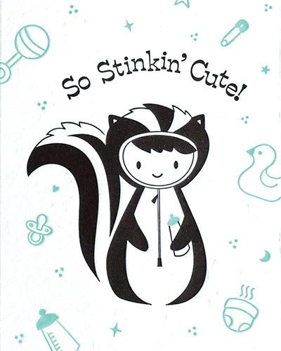 Cartoon skunk character with 'So Stinkin' Cute!' text on a light blue background with baby-related icons.