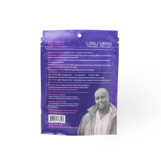 Purple package with a Kenyan tea farmer's picture on a white background