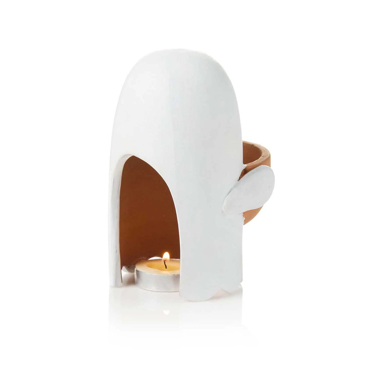 Terracotta lantern in the shape of a white ghost holding an orange jack o lantern from the back showing space for a tealight on a white background