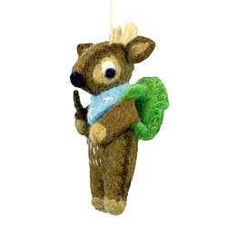 Felted deer ornament with a blue scarf and green bag on a white background