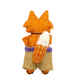 A small plush fox ornament shown from the back with orange fur, a white-tipped tail, tan pants, and purple belt, isolated on a white background.