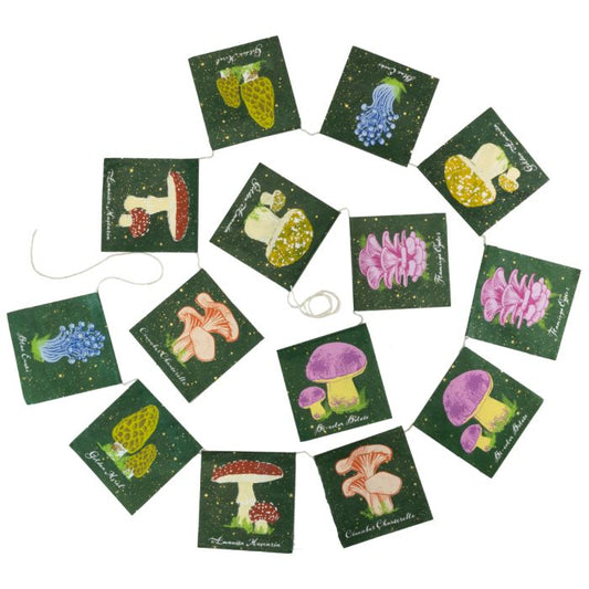 Green square pennant garland arranged in a circle. Pennants feature illustrations of seven different mushroom species and their scientific names.