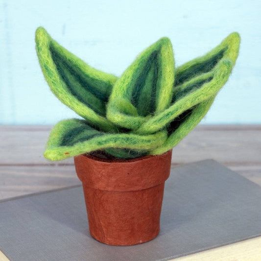 Felted green plant in a pot on a gray surface with a light blue background