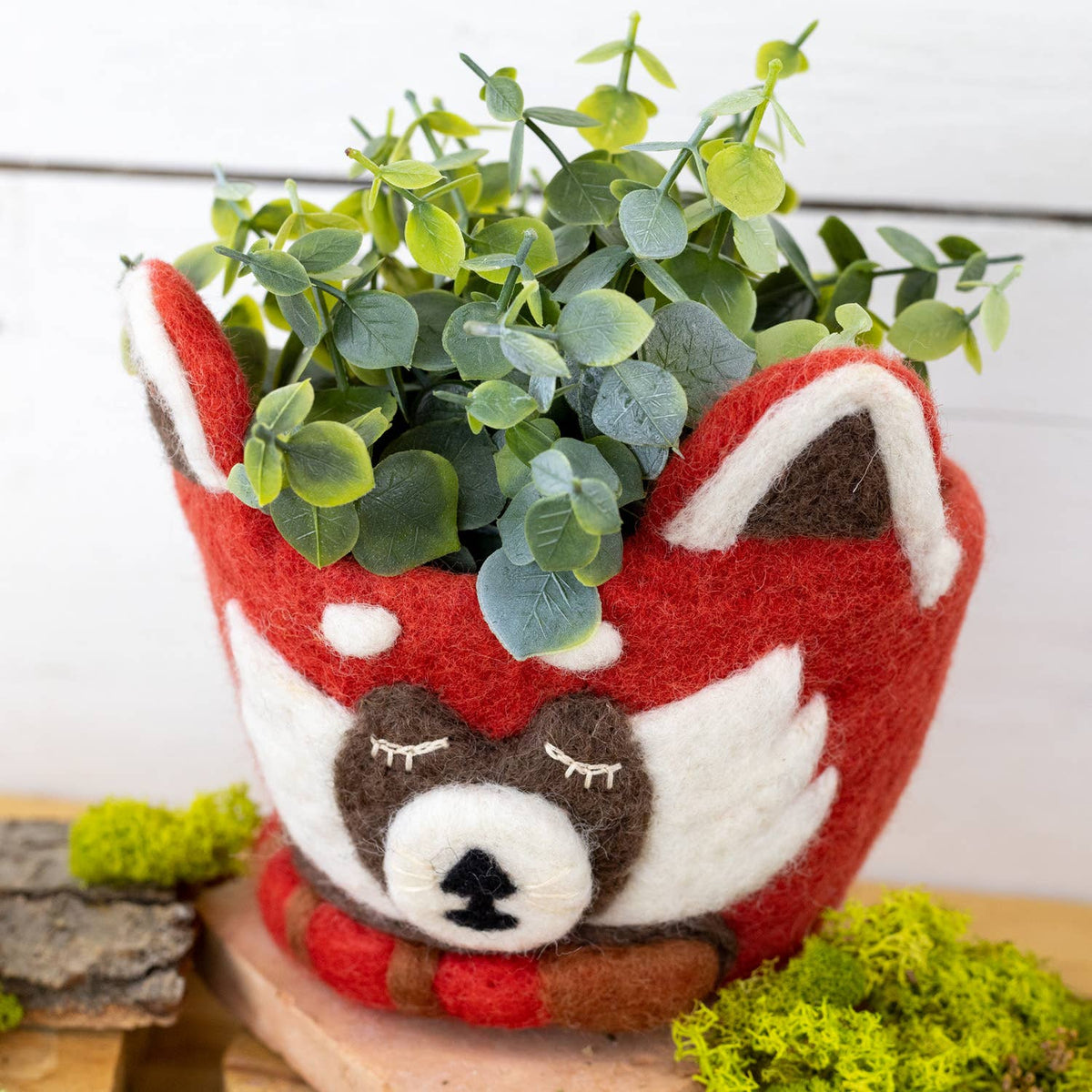 A red felt planter shaped like a red panda face, filled with green eucalyptus branches, displayed on a wooden surface with moss accents against a white wood background.