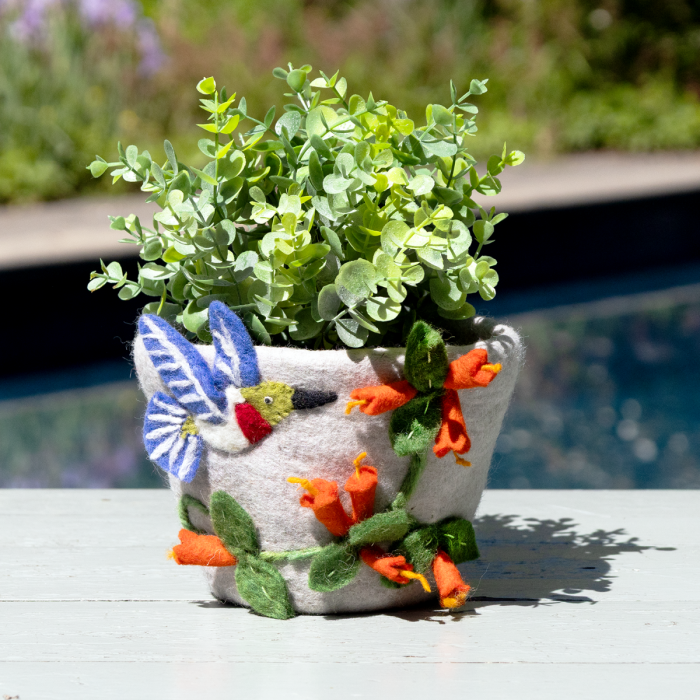 A small felt planter pot with a white felt base, decorated with a blue and white hummingbird and bright red flowers with green leaves, holding a green succulent plant, set on a white wooden deck with a blurred pool background.