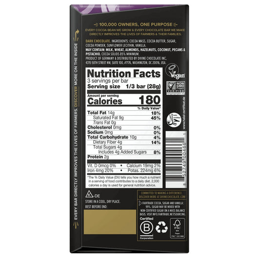 Nutrition facts label on a dark chocolate bar packaging