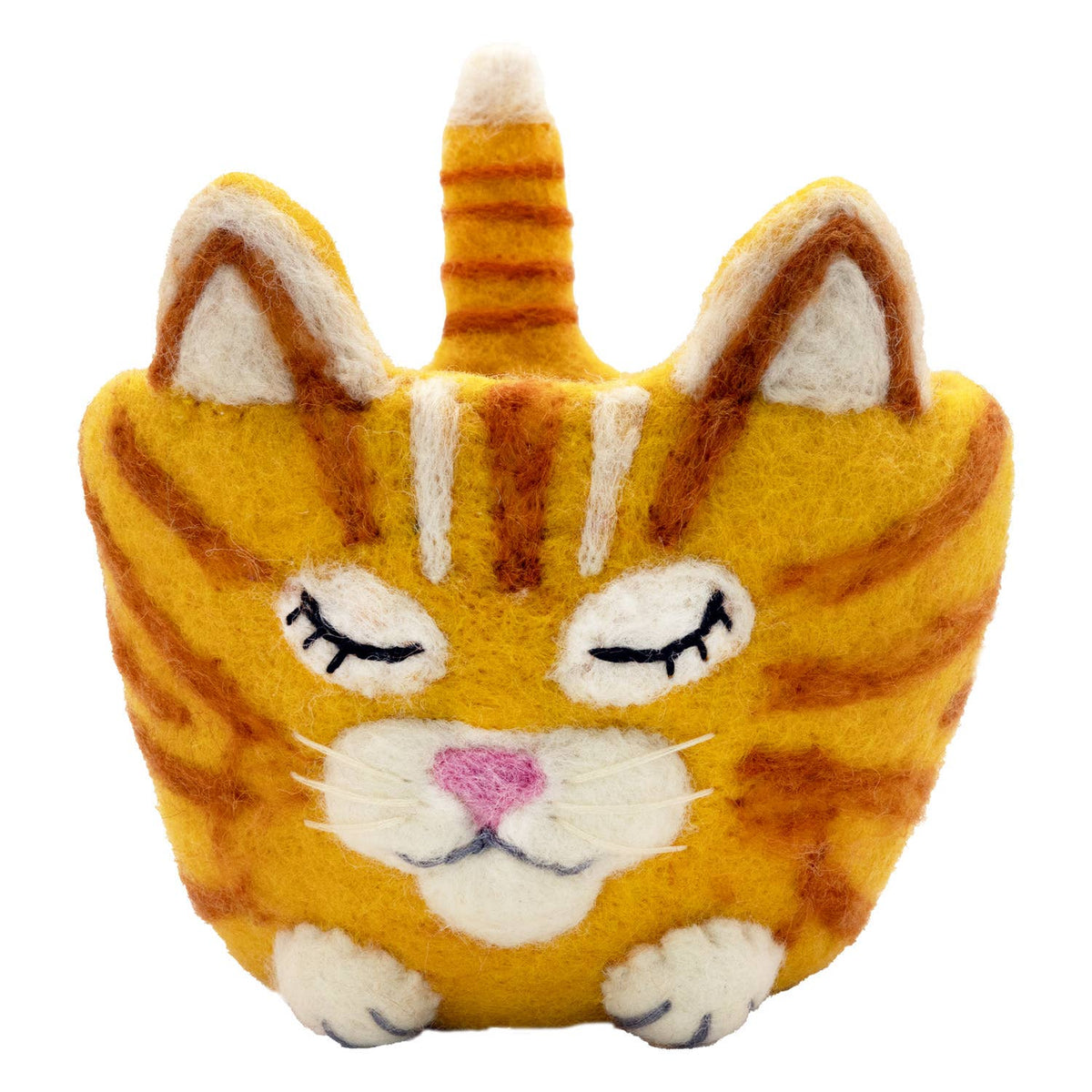 Plush toy shaped like a cat with orange and white stripes on a white background