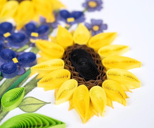 Greeting card with yellow sunflowers and purple flowers on a white background