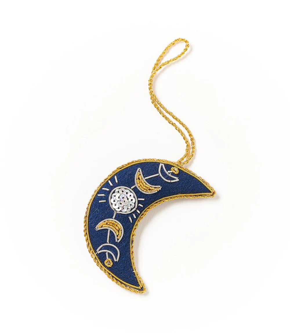 Crescent moon ornament featuring colorful beaded embellishments, metallic gold trim and a gold hanging loop.