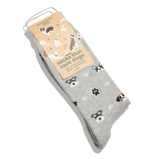 Gray socks with dog illustrations and packaging on a white background