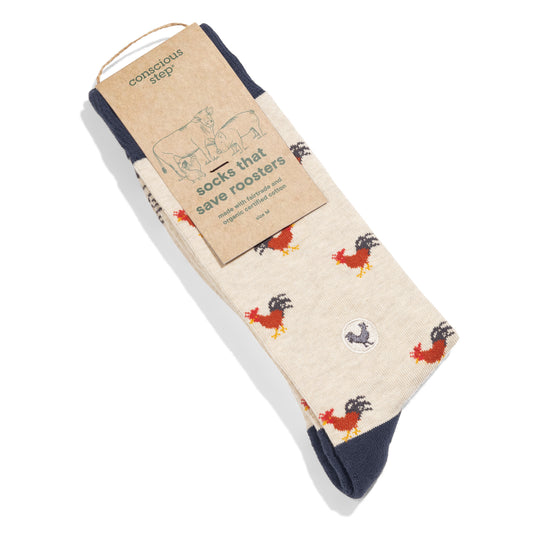 Pack of socks with rooster design and 'conscious step' branding on a white background