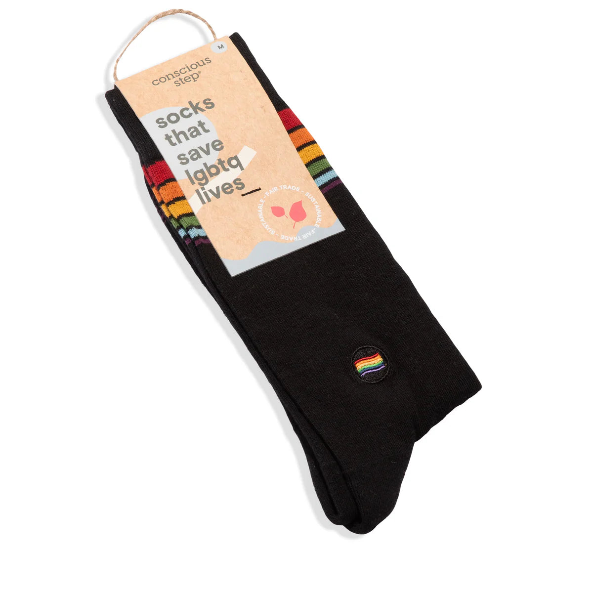 Black socks with rainbow stripes on packaging labeled 'conscious step' on a white background