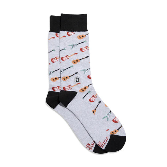 A pair of socks with guitar patterns on a light background, featuring black and gray colors.