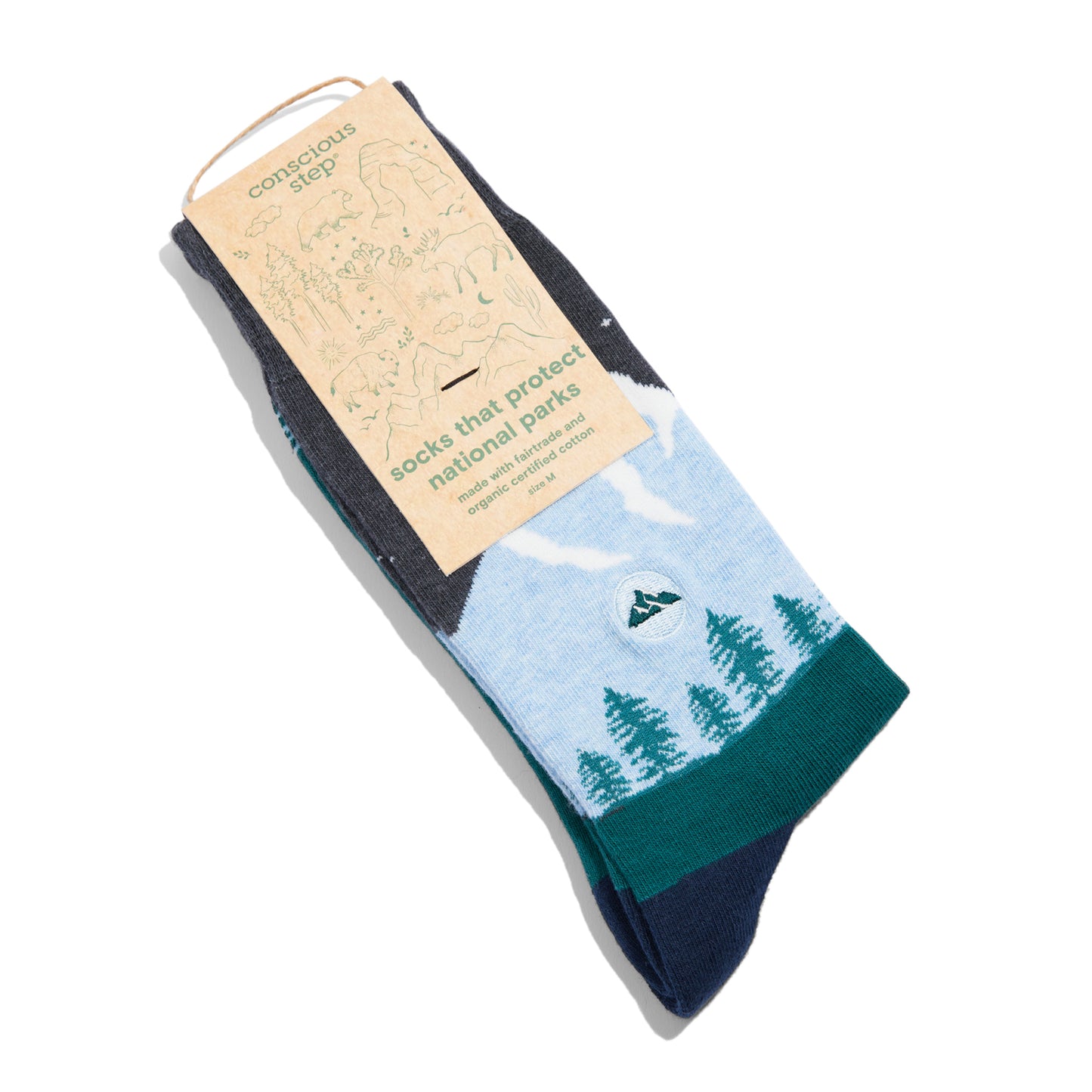 Pair of socks with a nature-themed design and packaging on a white background