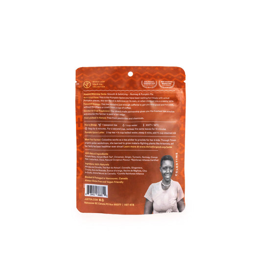 The back of a resealable orange pouch package, showing product information text, a barcode, and a small portrait photo of a woman on the lower right, photographed on a plain white background.