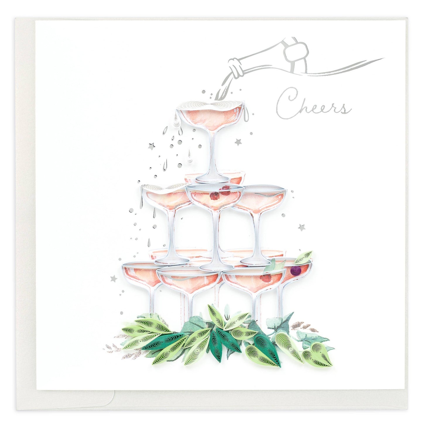 A tower of champagne coupe glasses is overflowing with pink champagne in this congratulations card.