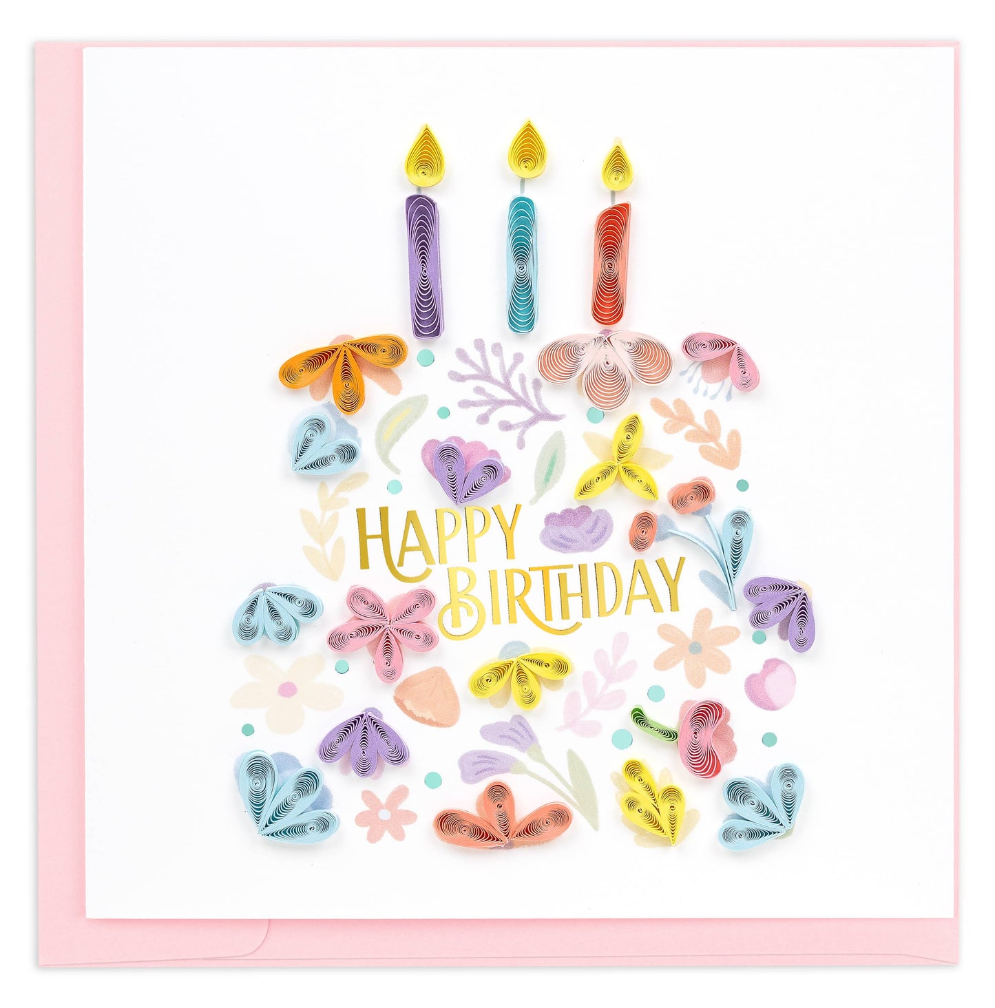 Colorful pasted quilled paper in the shape of flowers creates a Birthday Cake shape on a greeting card.