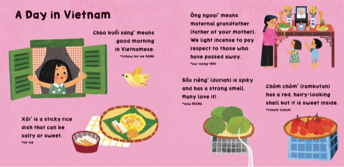 Illustrated book page about a day in Vietnam with Vietnamese text and illustrations of daily activities and food.
