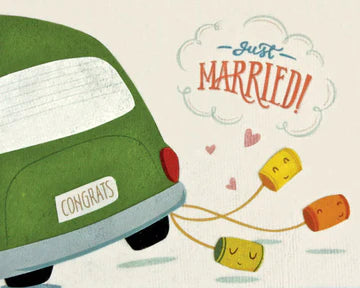 A greeting card with an illustration of a car strung with smiling tin cans spelling out 'Just Married' with surrounding decorative elements like hearts and clouds.
