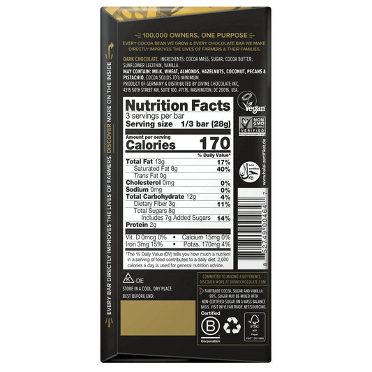 Nutrition facts label on a Divine dark chocolate bar packaging