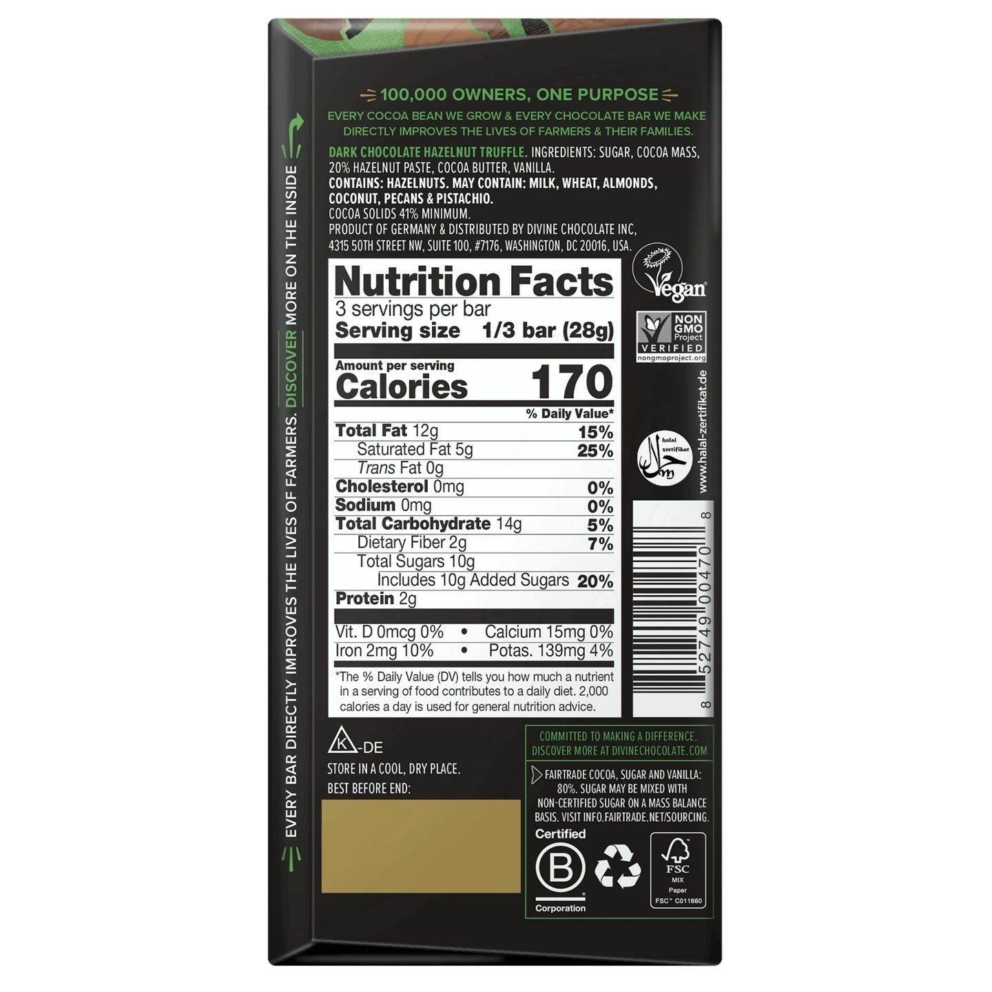Nutrition facts label on a Divine Dark chocolate with hazelnut truffle bar packaging