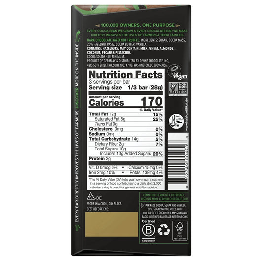 Nutrition facts label on a Divine Dark chocolate with hazelnut truffle bar packaging