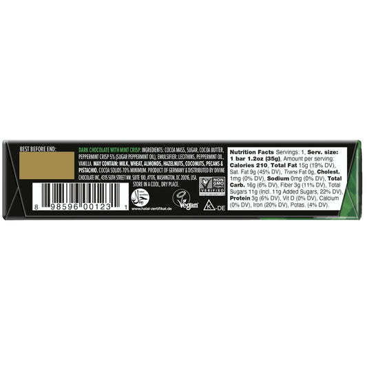 back of Divine Chocolate dark chocolate with mint crisp snack bar with nutrition facts