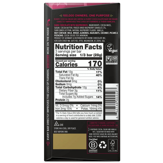Nutrition facts label on a Divine dark chocolate bar packaging