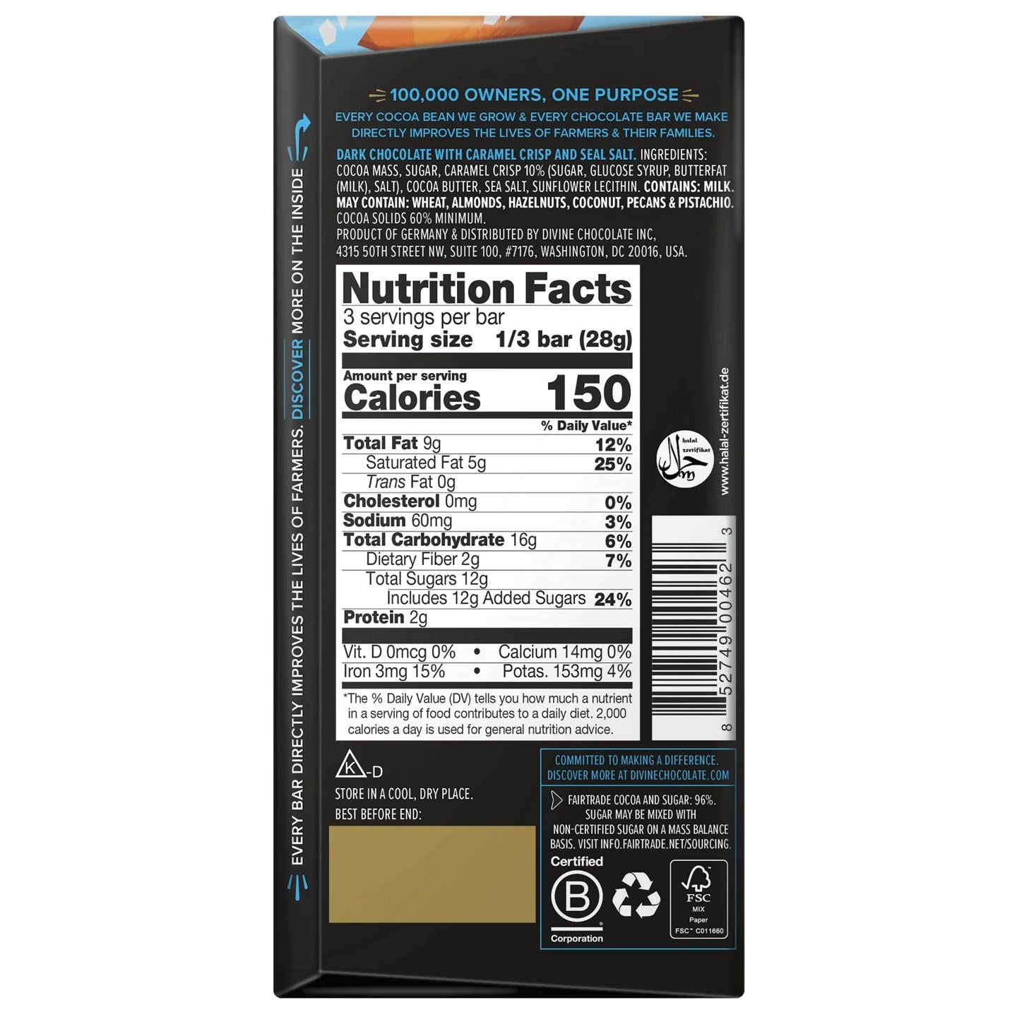 Nutrition facts label on a Divine dark chocolate with toffee and sea salt bar packaging
