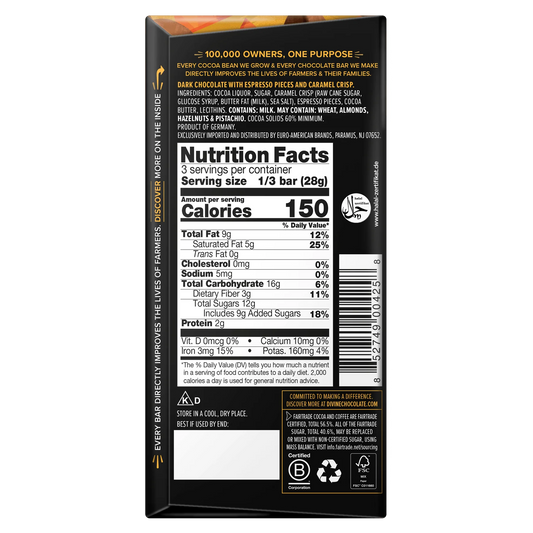 Dark chocolate espresso and caramel back of packaging nutrition label