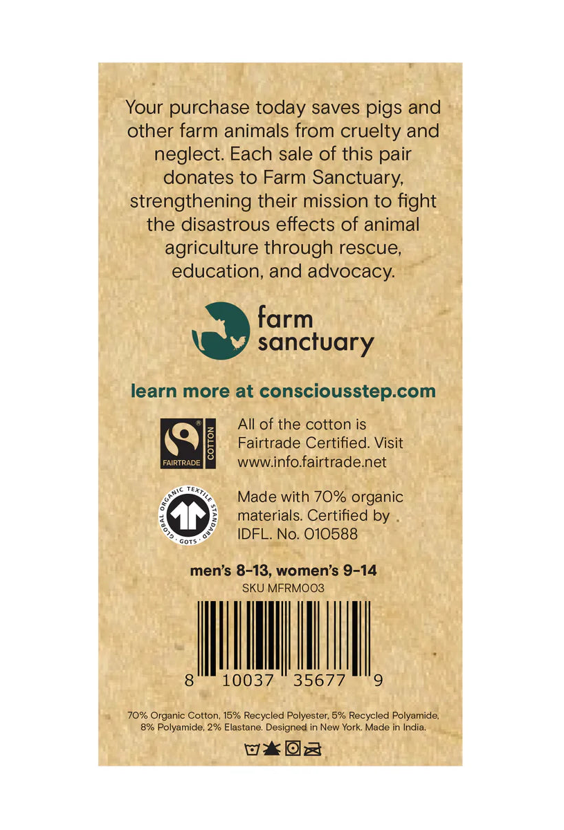 Back of a tag with text about animal welfare and product details on a white background