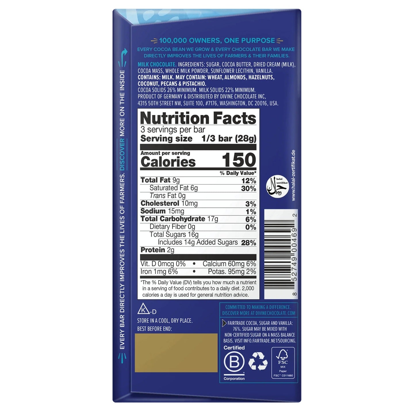Nutrition facts label on a Divine milk chocolate bar with blue packaging