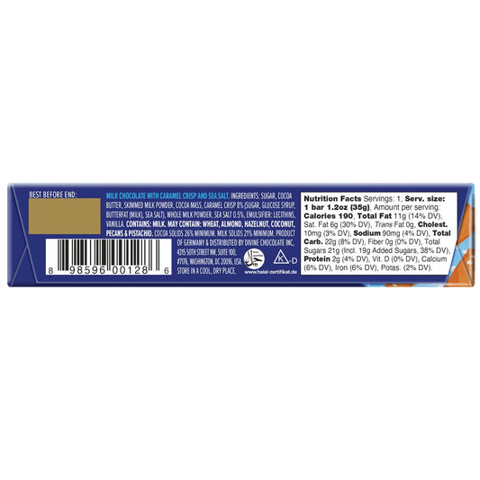 Bar of Divine milk chocolate with toffee and sea salt with a blue label on a white background