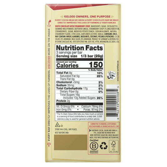 Nutrition facts label on a white chocolate bar packaging