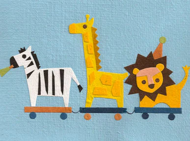 A colorful greeting card depicting a cartoon safari train with a zebra, giraffe, and lion in a lined background.