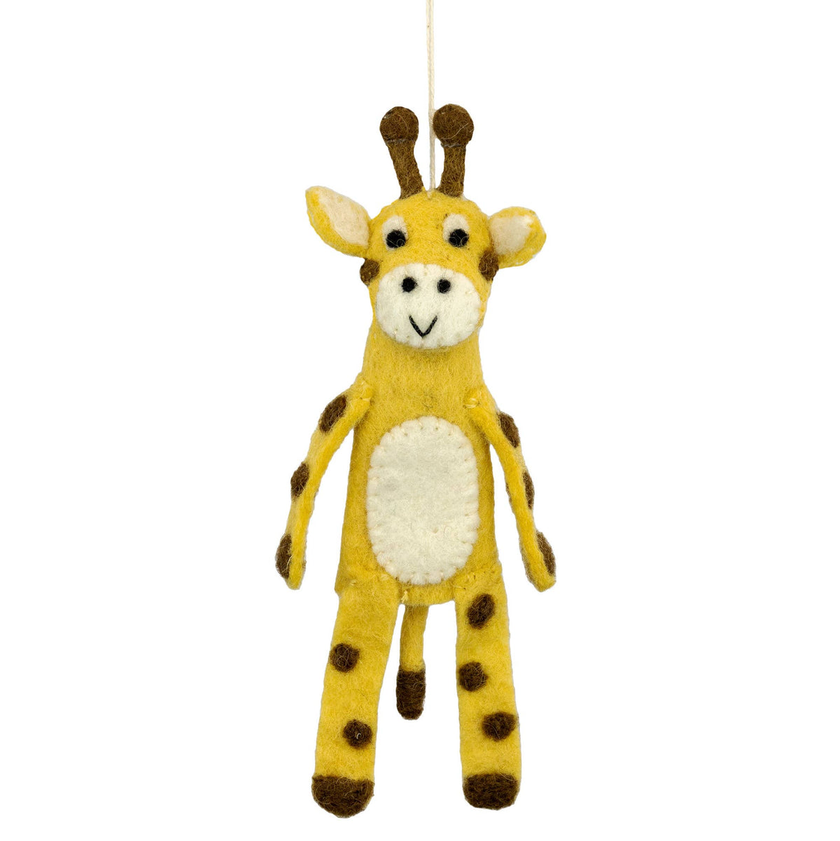 A felt giraffe hanging ornament in yellow with brown spots, a cream-colored belly and face, and long antlers, suspended by a thin string against a plain white background.