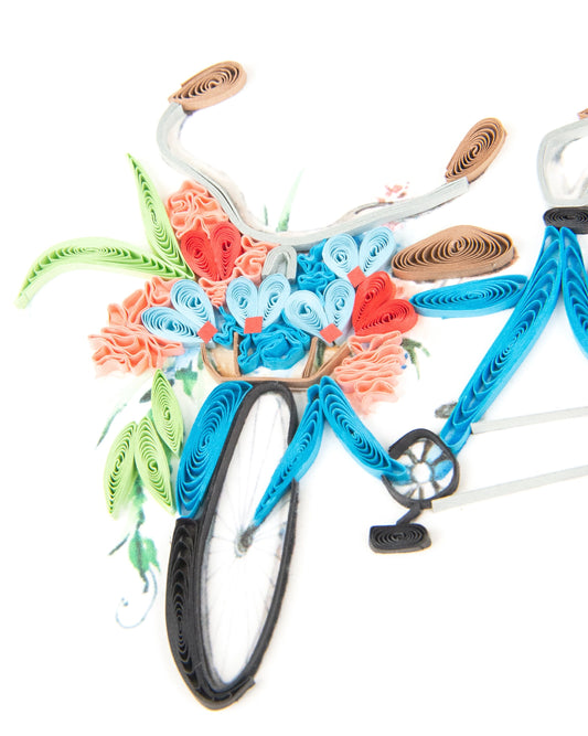 Card with a decorative bicycle and flowers, featuring 'Happy Anniversary' text.