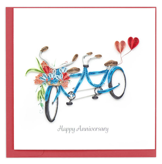 Card with a decorative bicycle and flowers, featuring 'Happy Anniversary' text.