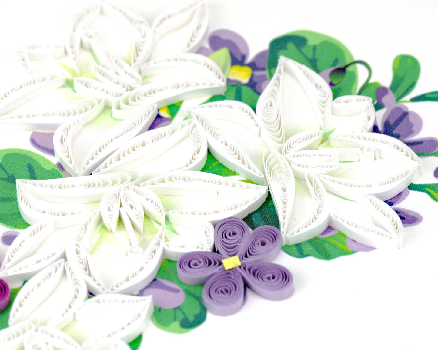 Floral card with white lilies and purple flowers on a white background