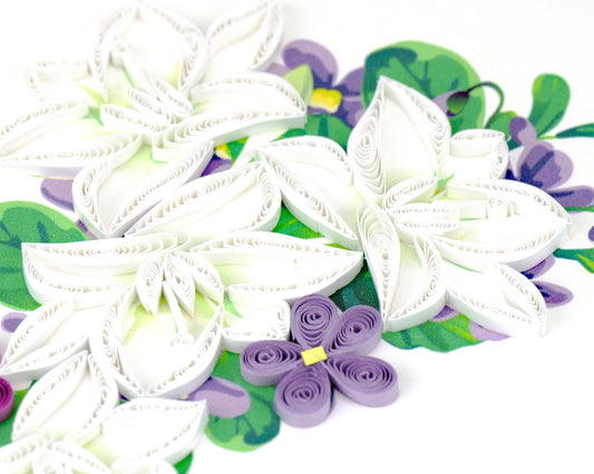 Floral card with white lilies and purple flowers on a white background