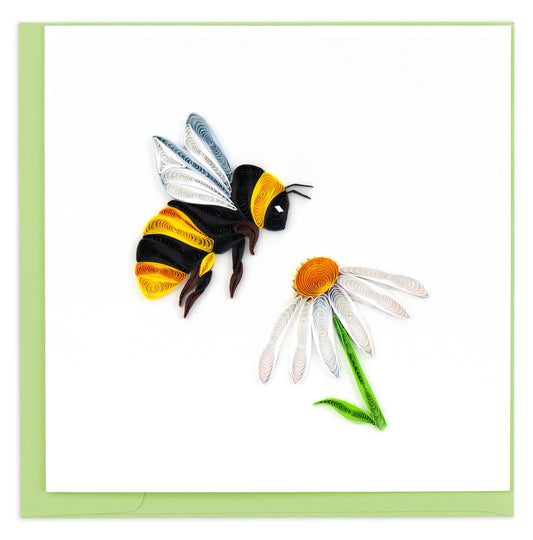 Greeting Card with green envelope with a quilled bumble bee slowly approaching a white daisy. 