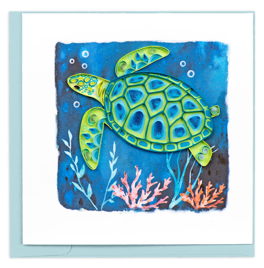 Sea Turtle Greeting Card with coral and seaweed.