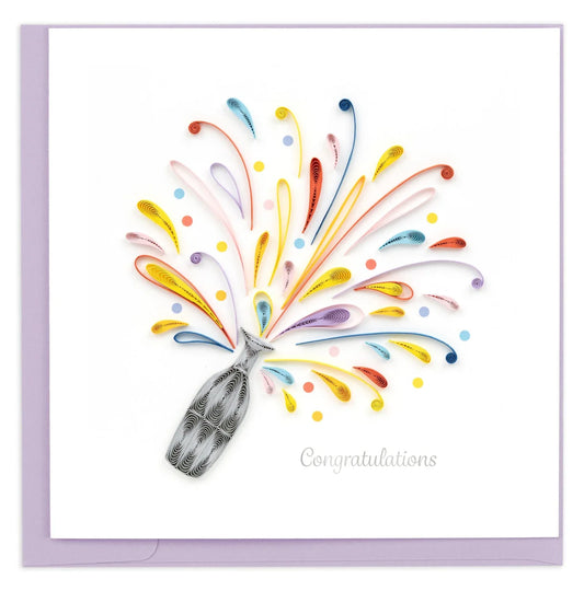 White Card with a bottle of sprays of quilling paper with congratulations below